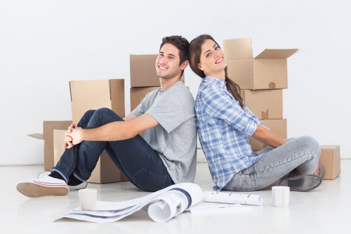 Packed boxes and furniture ready for short-term storage in Upton